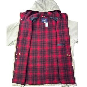 Vintage Woolrich Wool Blanket Lined Hooded Jacket Beige Plaid Lined Womens XL